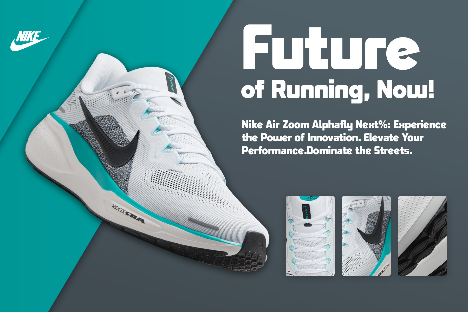Nike Air Zoom Alphafly Next% banner. Future of Running, Now.