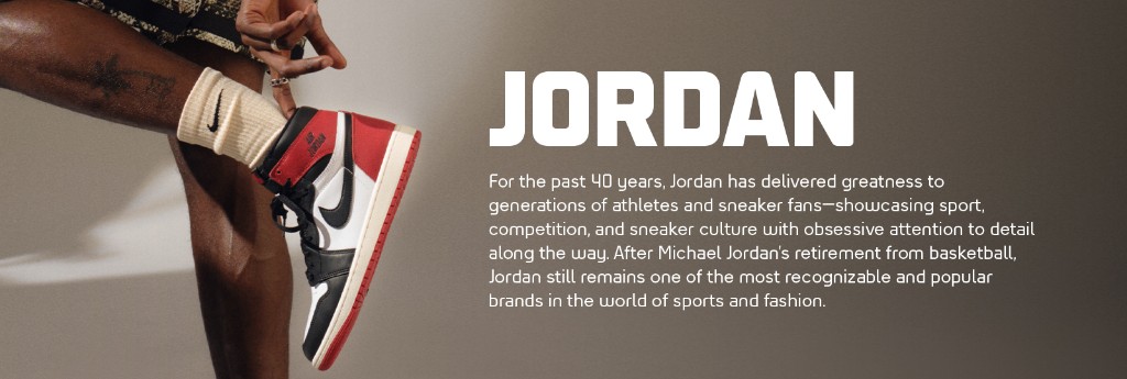 Jordan brand banner. Forty years of greatness, with a red and black Air Jordan 1.