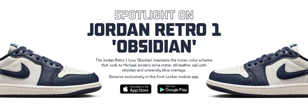 Spotlight on Jordan Retro 1 Low Obsidian, reserved in the Foot Locker app.