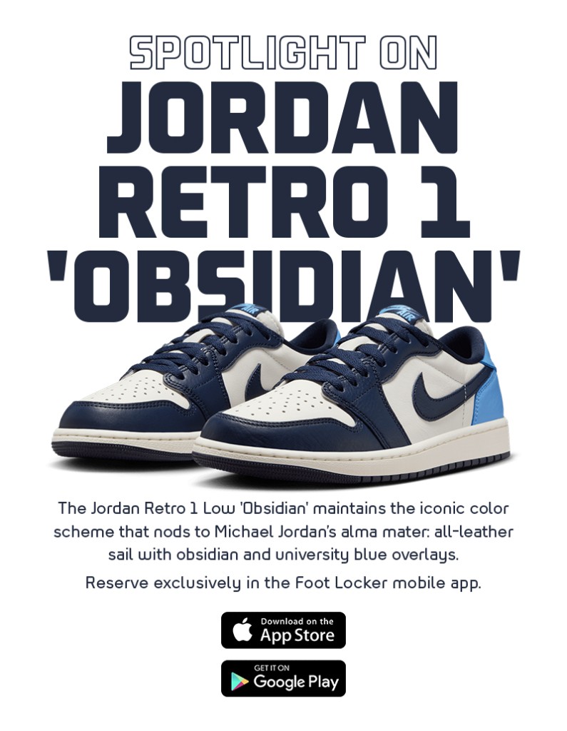 Jordan Retro 1 Low Obsidian story for the Foot Locker app.