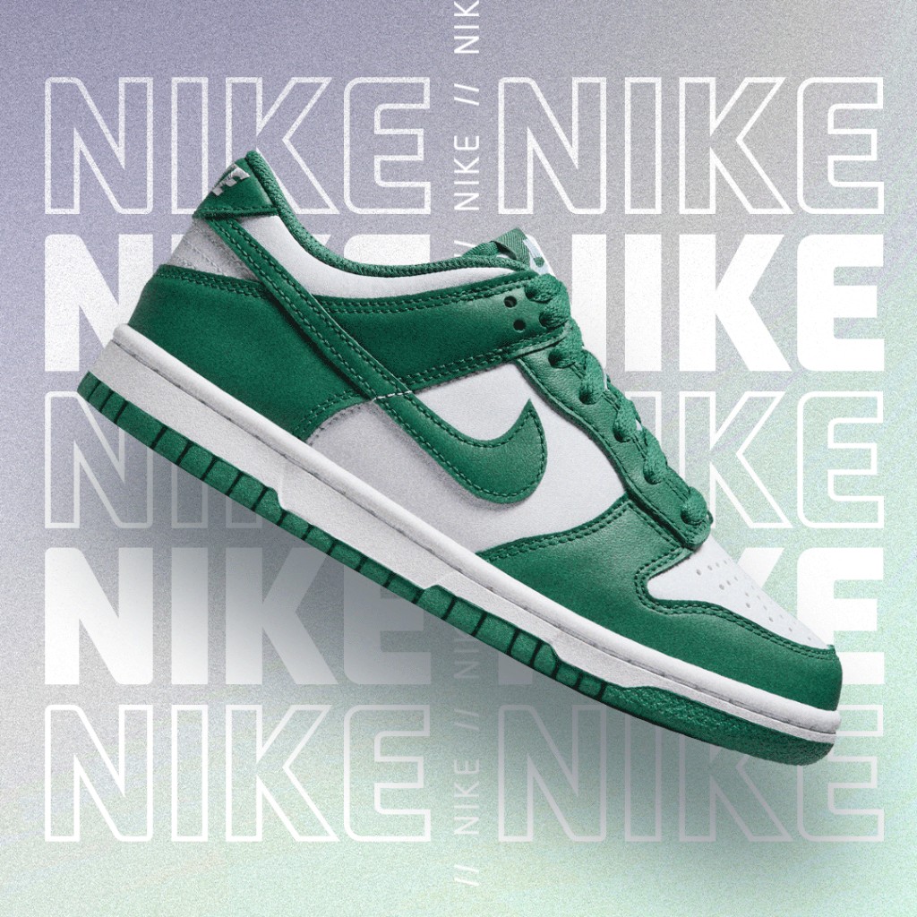 Green and white Nike Dunk on a repeating Nike wordmark