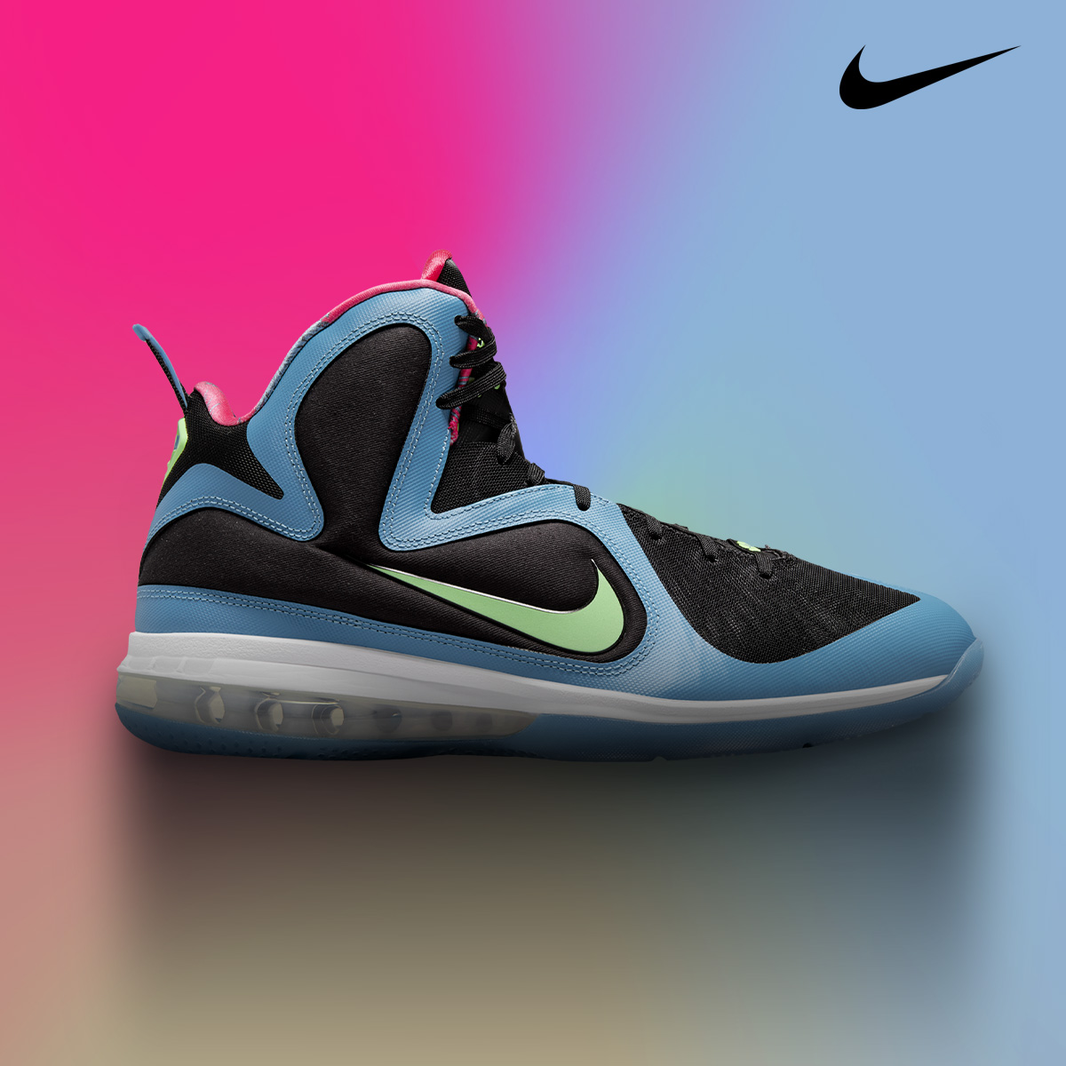Nike high-top in black, blue, and volt on a gradient background