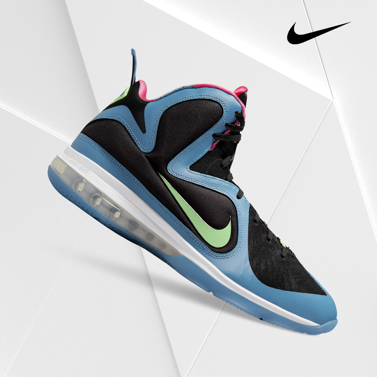 Nike high-top in black, blue, and volt, studio crop