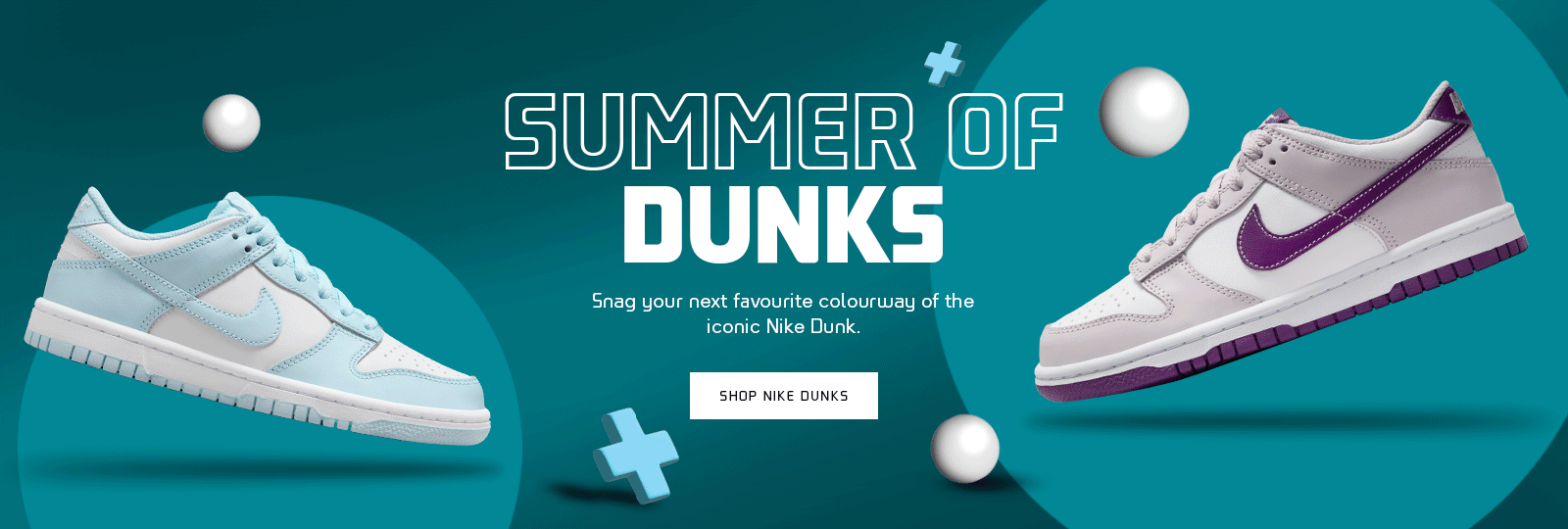 Summer of Dunks banner. Snag your next favourite colourway of the iconic Nike Dunk.