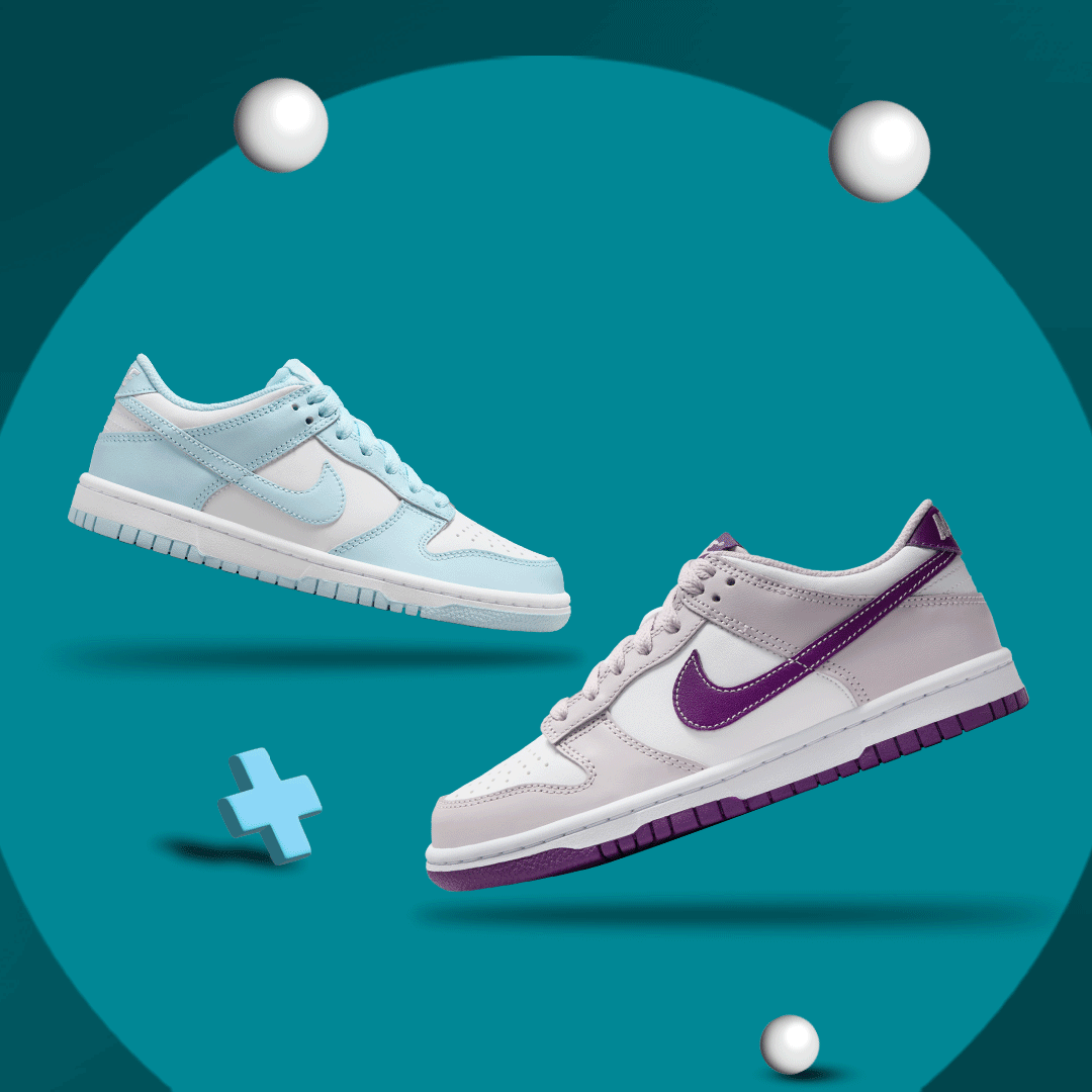 Summer of Dunks loop. Light blue and purple Nike Dunks on a teal field.