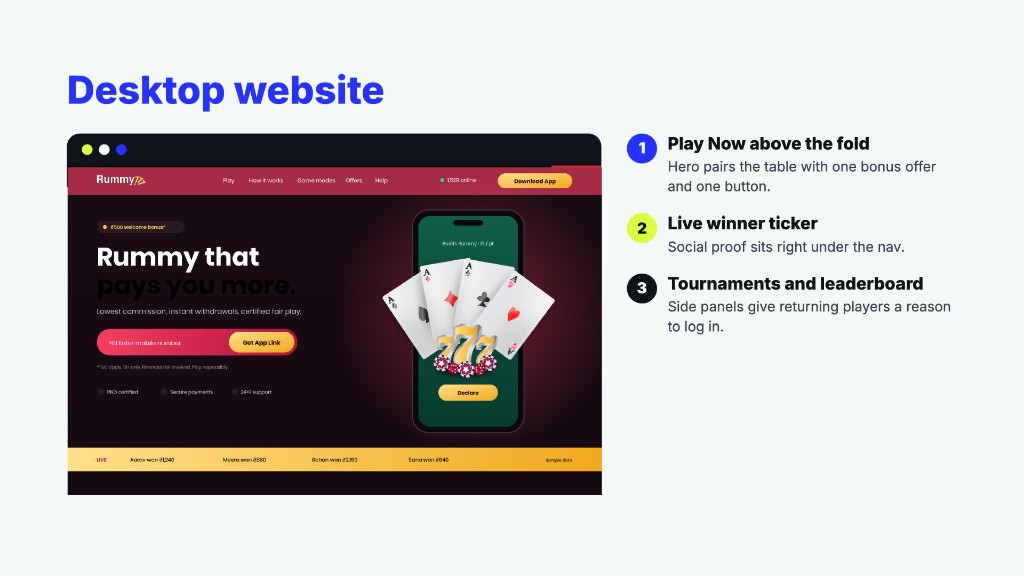 Rummy 777 desktop website, Play Now above the fold