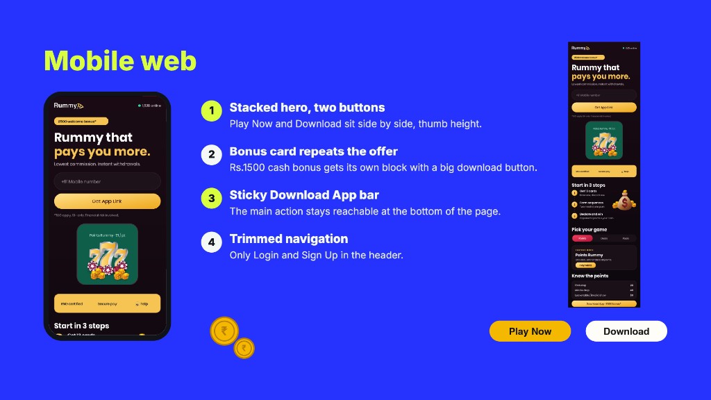 Rummy 777 mobile web, sticky download and trimmed navigation